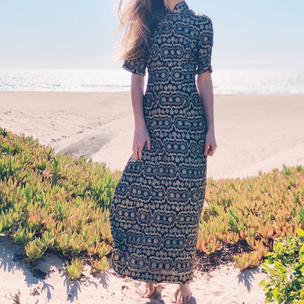 Vintage 1950s Handmade Metallic Gold Lace Gown